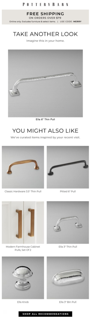 Example of product recommendations from Pottery Barn. Website suggests knobs and pulls similar to the one the shopper has viewed.